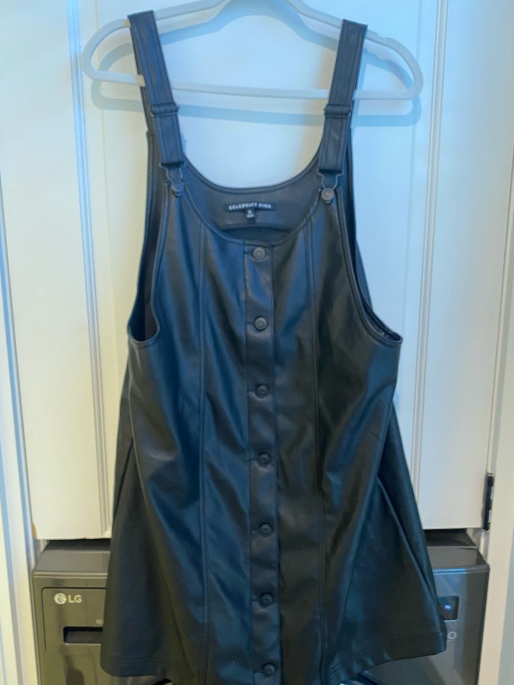 Celebrity Pink Black Faux Leather Button Front Pinafore Overall Dress XL